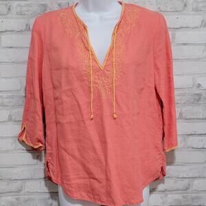 Gap Tunic Blouse Embroidered Floral Boho Linen Womens 3/4 Sleeve Medium